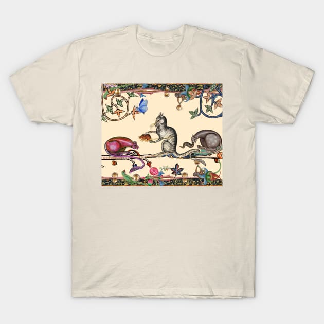 WEIRD MEDIEVAL BESTIARY THREE HUNTER CATS AND MOUSE T-Shirt by BulganLumini